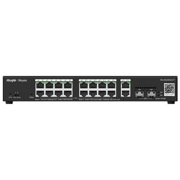 РоЕ-коммутатор Ruijie Reyee RG-ES220GS-P с 16 портами PoE интеллектуальный