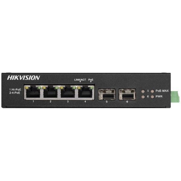 Неуправляемый гигабитный PoE коммутатор Hikvision DS-3T0506HP-E/HS с 4 портами PoE