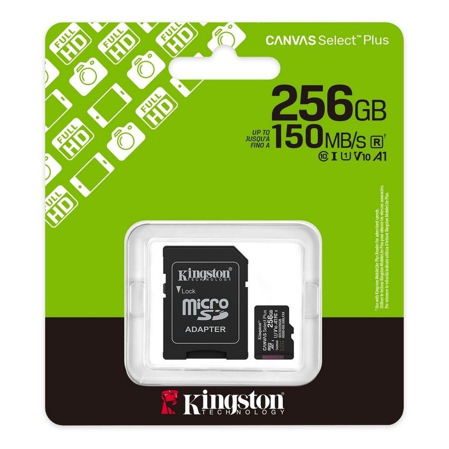 Карта памяти microSDXC Kingston 256Gb Canvas Select Plus Gen3 class 10 А1 UHS-I + SD-адаптер (SDCS3/256GB)
